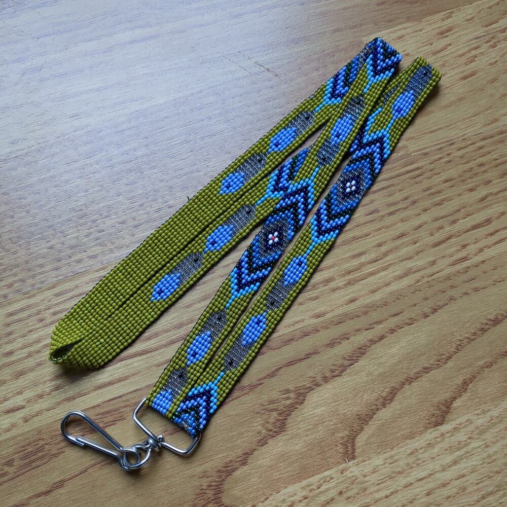 Handmade Loom Beaded Lanyard ID Badge Holder Keychain Southwestern Blue Green